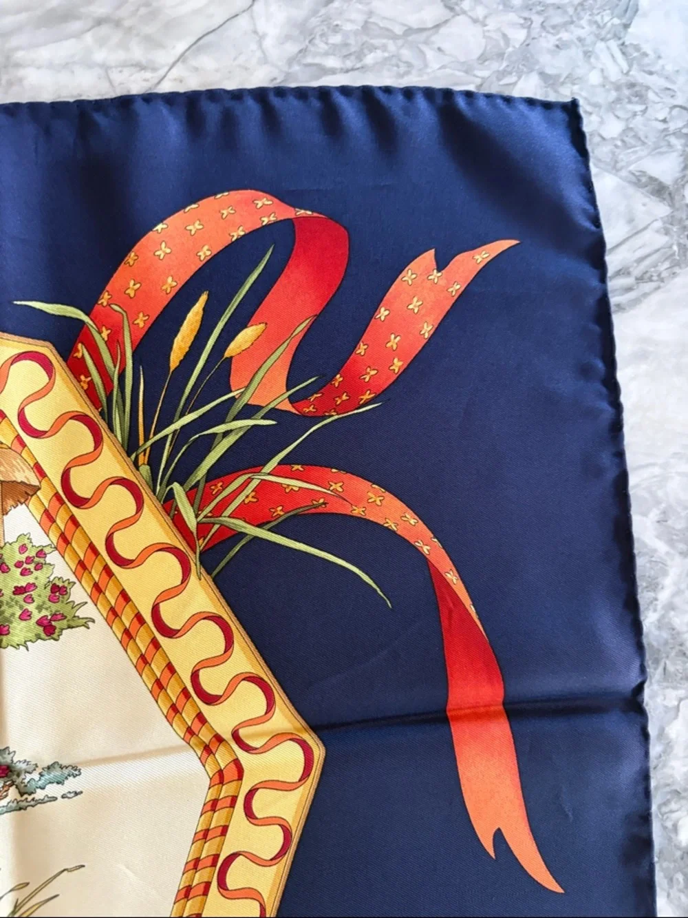 Vintage Salvatore Ferragamo Silk Elephant and Wild Cats Scarf, Navy Blue & Gold